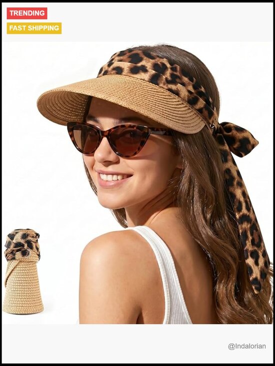 Straw Sun Visor with Leopard Ribbon, UV Protection, Foldable Beach Hat